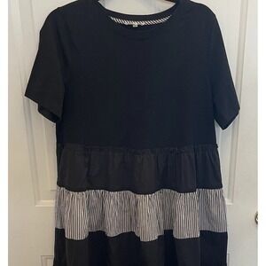 Joh Black Tiered Ruffle Midi Dress Stripe Relaxed Casual Womens M Boho Beach